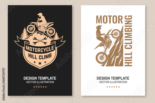 Motorcycle hill climb posters. Vector. Extreme sport template with motorcycle, mountain and wrenches.