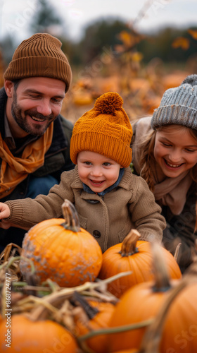 Family with children playing with pumpkins in a pumpkin patch for Halloween
