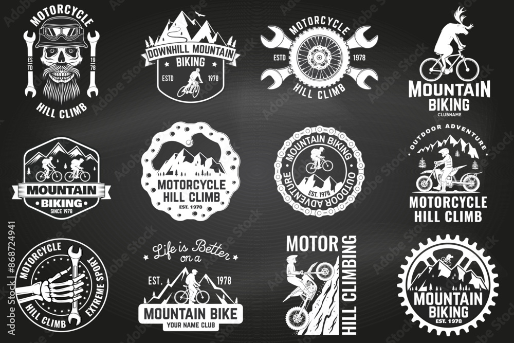 Fototapeta premium Set of Mountain biking and motorcycle hill climb logo collection on the chalkboard. Vector.
