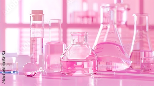 Liquid in a jar and crystal jug in a pink scientific laboratory background for chemical study very detailed and realistic shape photo