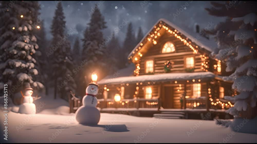 A snowman stands in front of a log cabin with Christmas lights. The scene is cozy and festive, with the snowman adding a touch of whimsy to the winter landscape A snowman stands in front of a log cabin with Christmas lights. The scene is cozy and festive, with the snowman adding a touch of whimsy to the winter landscape
