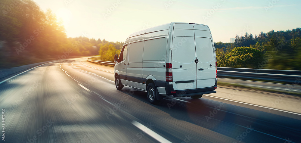 White modern delivery small shipment cargo courier van moving fast on motorway road to city urban suburb. Business distribution and logistics express service. Mini bus driving on highway on sunny day