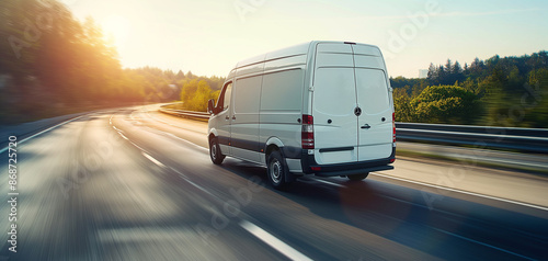 Obraz na płótnie White modern delivery small shipment cargo courier van moving fast on motorway road to city urban suburb. Business distribution and logistics express service. Mini bus driving on highway on sunny day w salonie