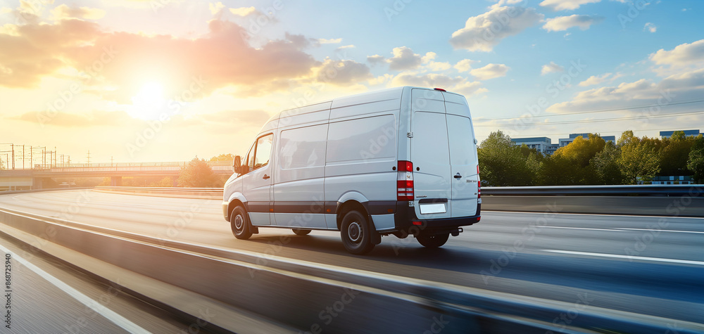 White modern delivery small shipment cargo courier van moving fast on motorway road to city urban suburb. Business distribution and logistics express service. Mini bus driving on highway on sunny day