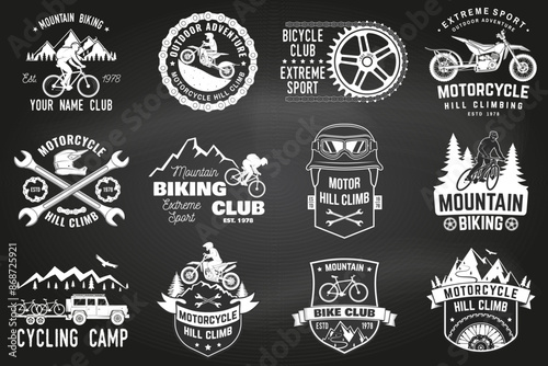 Set of Mountain biking and motorcycle hill climb logo collection on the chalkboard. Vector.