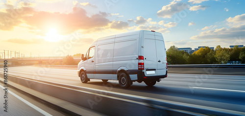 Obraz na płótnie White modern delivery small shipment cargo courier van moving fast on motorway road to city urban suburb. Business distribution and logistics express service. Mini bus driving on highway on sunny day w salonie
