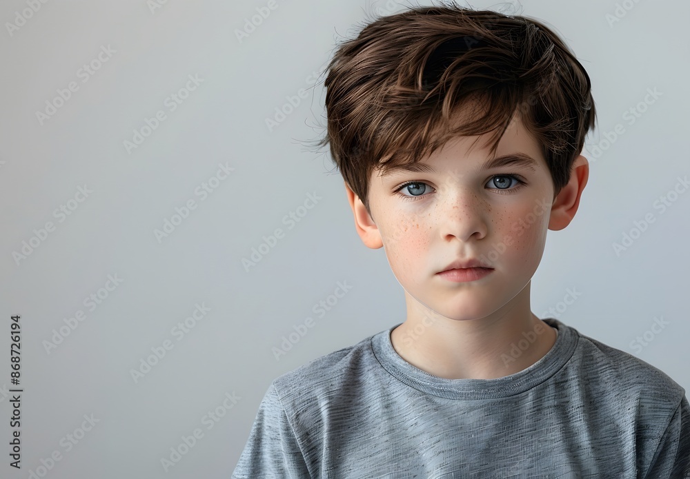 Boy in Grey T-Shirt Front View Portrait on White Background Boy in Grey T-Shirt Front View Portrait on White Background