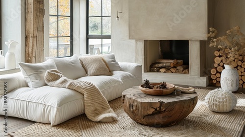 Natural wood tree stump coffee table near corner sofa. Room with panoramic windows and fireplace. © Samvel