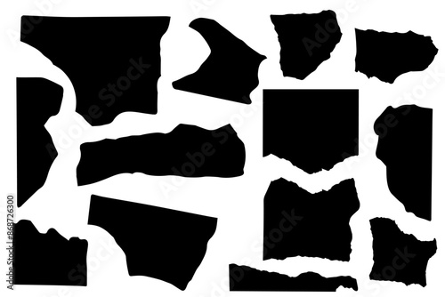Vector black silhouettes of pieces of ripped paper scrap. Torn sheets of paper and newspaper clippings