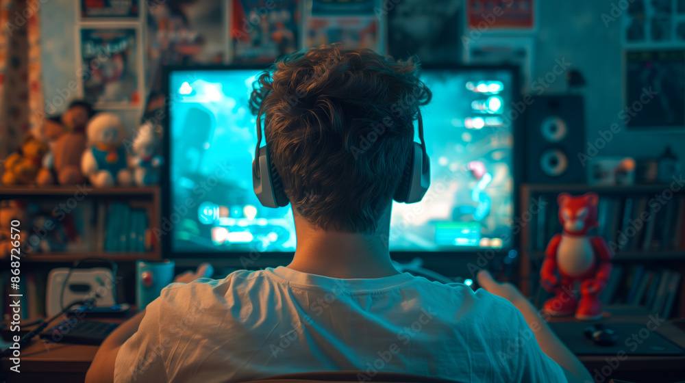 A young man with headphones playing video games on a computer. The room was full of posters and toys, with a blue light from the monitor A young man with headphones playing video games on a computer. The room was full of posters and toys, with a blue light from the monitor
