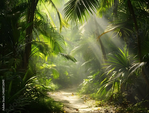 Fototapeta Naklejka Na Ścianę i Meble -  Sunbeams Through Dense Jungle Path in Thailand