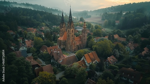 In the spring of 2016, Maulbronn's old town and monastery are seen from above in a sunny panorama. photo