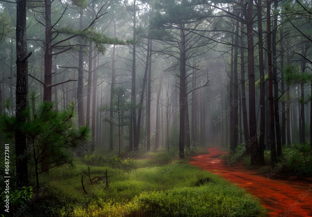 Fototapeta premium Foggy Pine Forest Path with Red Dirt