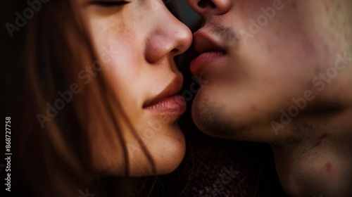 A tight, intimate portrait of a couples passionate kiss, focusing on their intertwined lips. The photo captures their raw emotions and the intensity of their connection