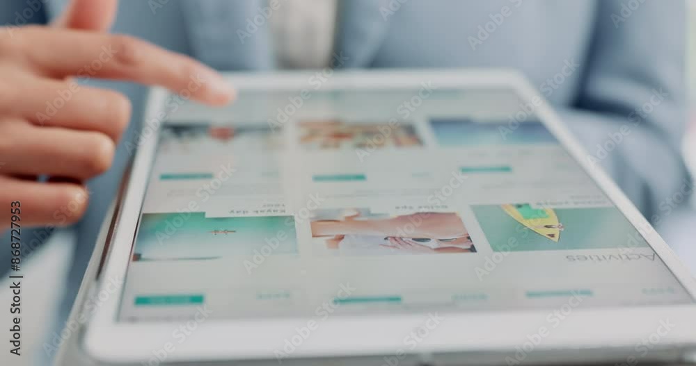 Business woman, hands and scroll on tablet for research, online and planning for team building. Female person, screen and activities for company motivation, site and browse ideas for solidarity boost Business woman, hands and scroll on tablet for research, online and planning for team building. Female person, screen and activities for company motivation, site and browse ideas for solidarity boost