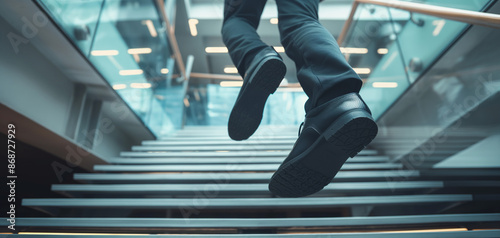 Young businessman feet sprinting up stairs office middle image