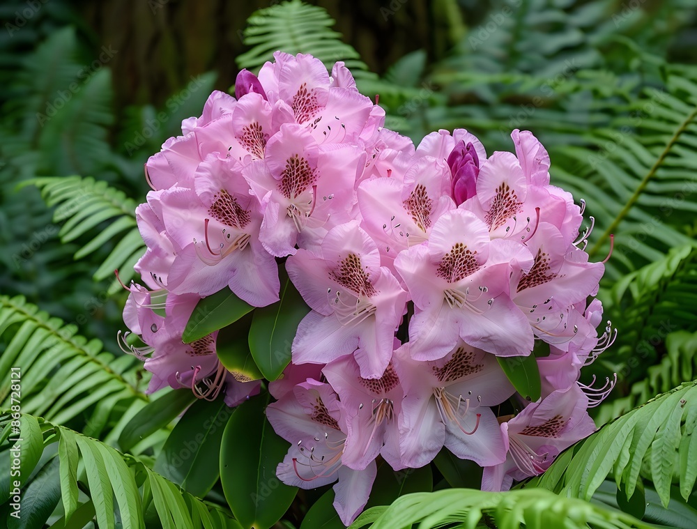 Obraz premium Pink Rhododendron Flowers in Full Bloom with Ferns