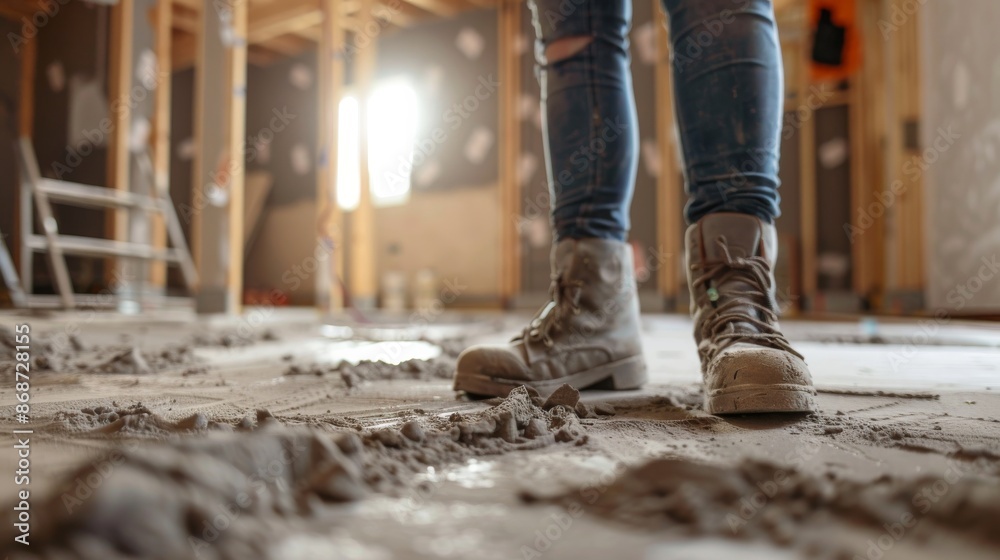 A woman, wearing boots and jeans, stands proudly on a newly laid screed floor, showcasing her expertise in interior construction A woman, wearing boots and jeans, stands proudly on a newly laid screed floor, showcasing her expertise in interior construction