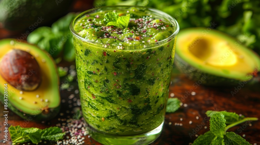 It's a treat for your senses and your health- this delicious smoothie is garnished with a vibrant avocado. It's a treat for your senses and your health- this delicious smoothie is garnished with a vibrant avocado.