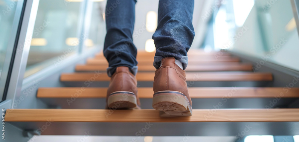 Fototapeta premium Young businessman feet sprinting up stairs office middle image