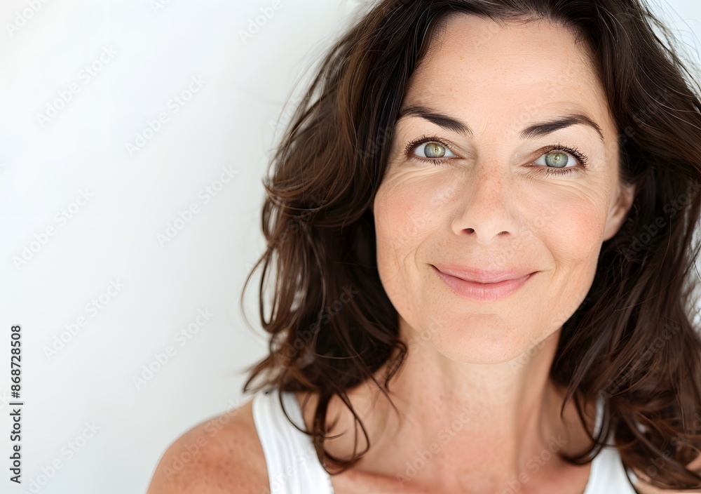 Happy Middle-Aged Woman Smiling with Perfect Skin on White Background Happy Middle-Aged Woman Smiling with Perfect Skin on White Background