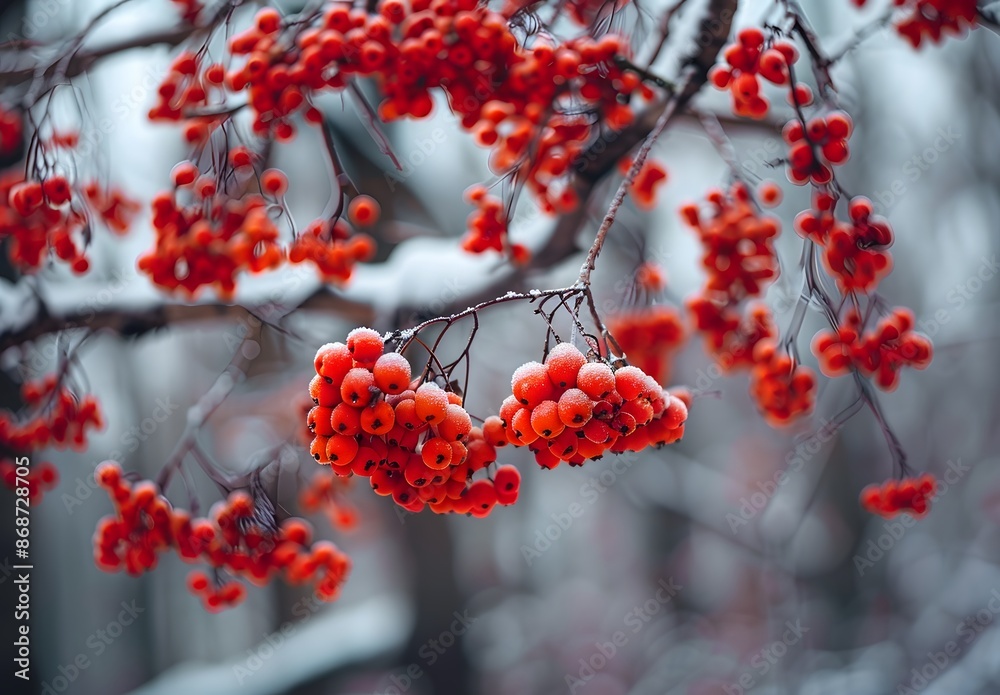 Vibrant Red Rowan Berries in Winter Forest Vibrant Red Rowan Berries in Winter Forest