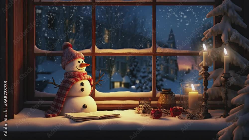 cup of coffee on the window with snowfall in the winter with cartoon or anime style. seamless looping time-lapse virtual 4k video animation background. cup of coffee on the window with snowfall in the winter with cartoon or anime style. seamless looping time-lapse virtual 4k video animation background.