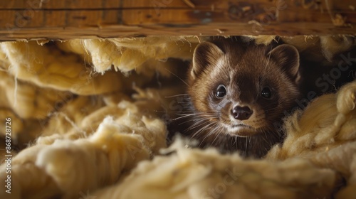 A close-up photo of a marten peering out from between insulation in an attic, capturing its curious gaze