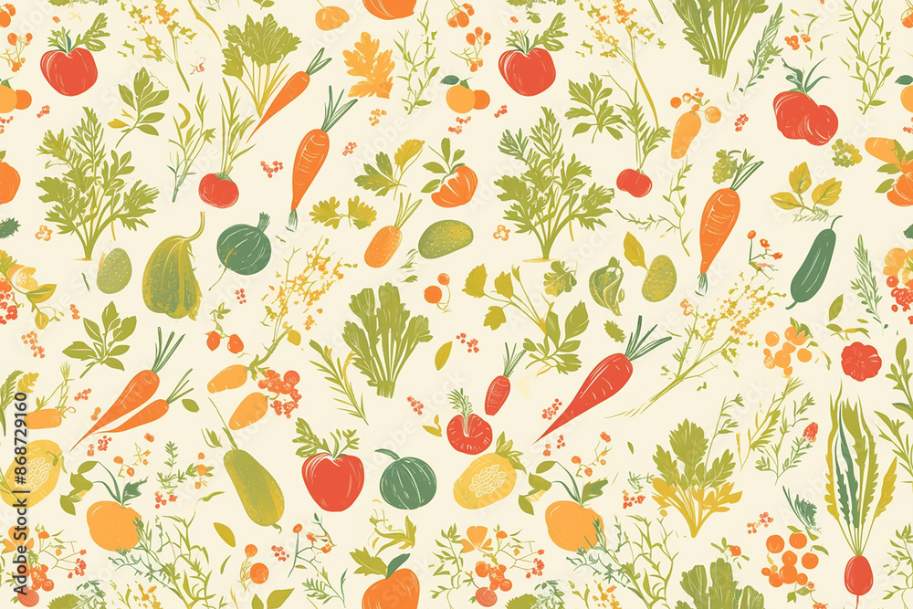 Charming seamless pattern with various vegetables and herbs on a light background, perfect for kitchen or garden themes.