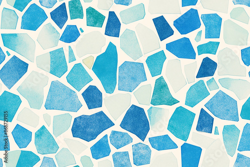 Abstract mosaic pattern with blue and teal geometric shapes on a light background. This seamless tile design is modern and fresh, featuring a random arrangement of various sized shapes that create  
