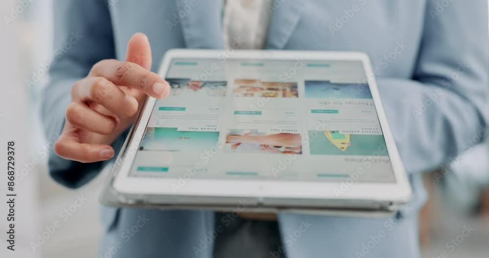 Businesswoman, hands and scroll on tablet for research, online and planning for team building. Female person, screen and activities for company productivity, website and ideas for solidarity boost