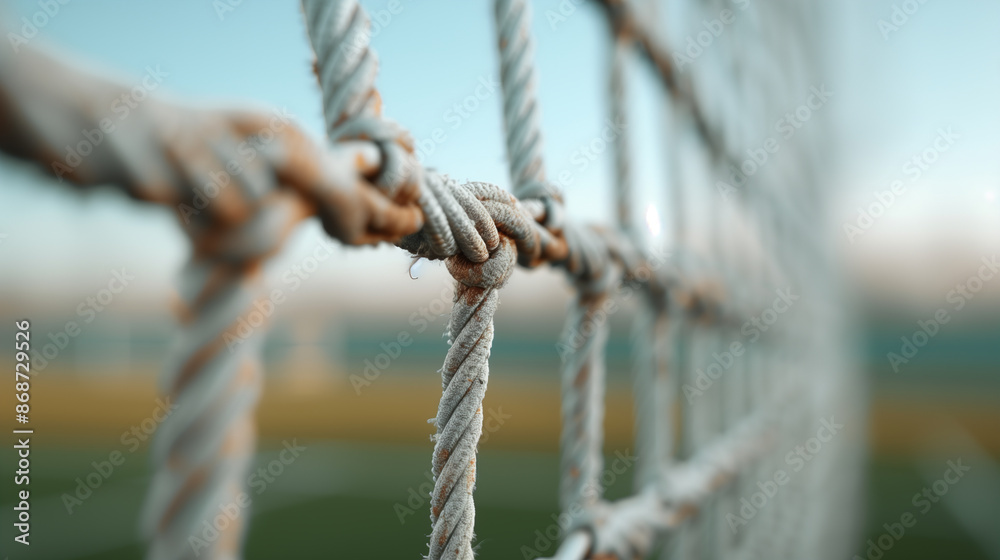 A detailed shot of the goalpost and the net on the football field
A detailed shot of the goalpost and the net on the football field