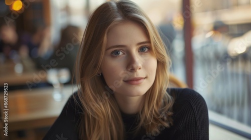 A close-up portrait of a young woman with blonde hair sitting at a cafe table. The background is blurred, showing a cafe setting with warm lighting