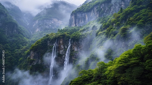 Mist-covered mountains with vibrant green foliage and a stunning waterfall.