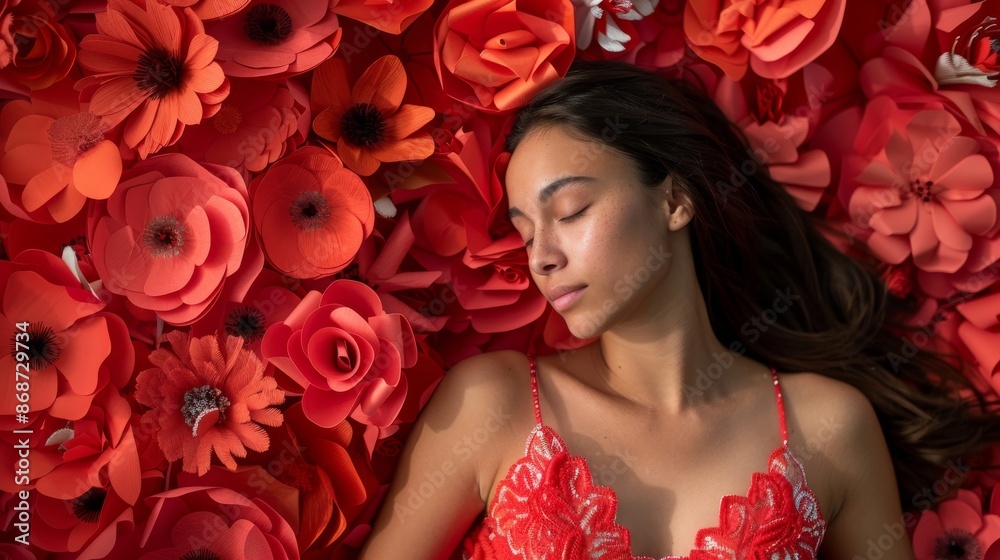 A high-angle shot of a young woman lying on a bed of red paper flowers. The woman is wearing a red lace top and has her eyes closed. The flowers are arranged in a random pattern around her A high-angle shot of a young woman lying on a bed of red paper flowers. The woman is wearing a red lace top and has her eyes closed. The flowers are arranged in a random pattern around her