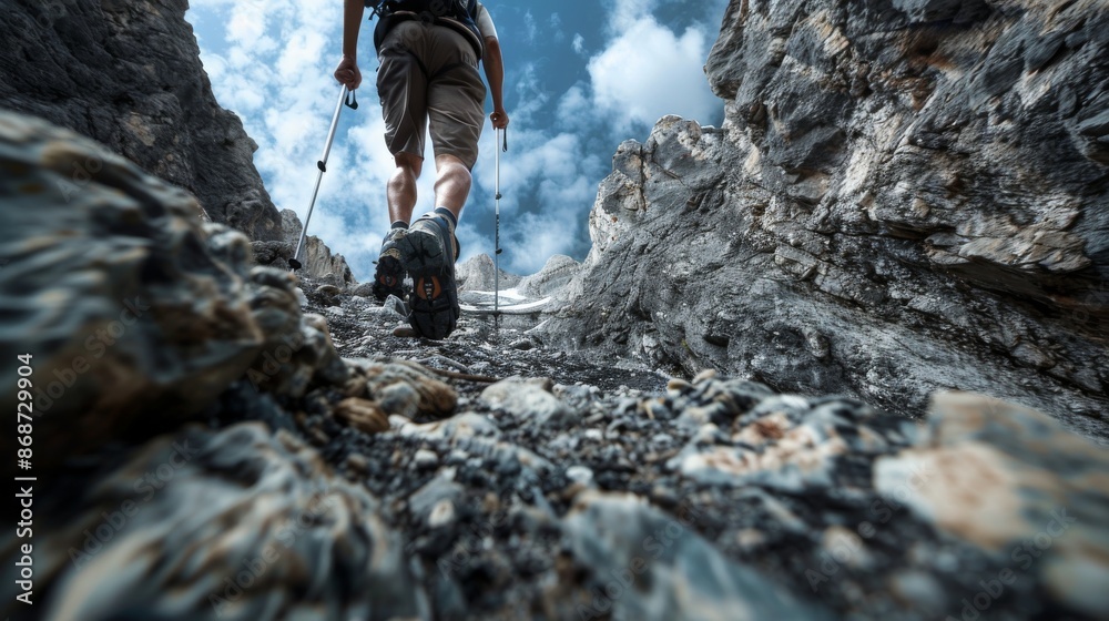 A low angle shot captures a hiker ascending a rugged mountain trail, showcasing their determination and the challenging terrain A low angle shot captures a hiker ascending a rugged mountain trail, showcasing their determination and the challenging terrain