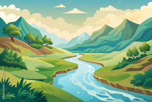 river, Delicate watercolor depiction of river flowing through lush landscape, highlighting the connection between water and land in environmental conservation.