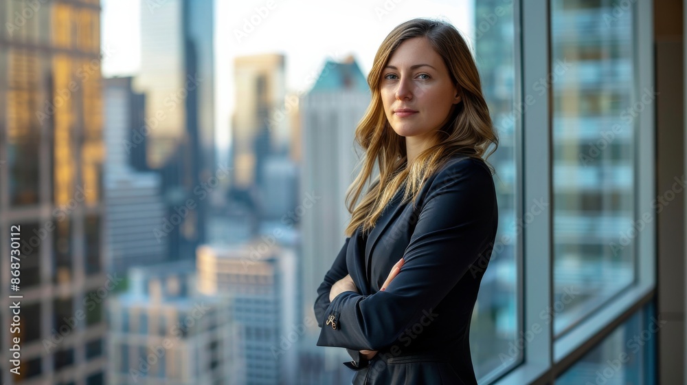Fototapeta premium A female executive stands confidently with her arms crossed, gazing out a large window in a highrise office overlooking a cityscape