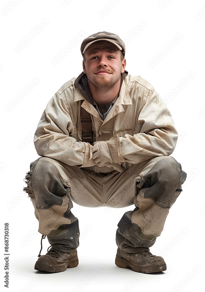 Man in Dirty Overalls Crouching Man in Dirty Overalls Crouching