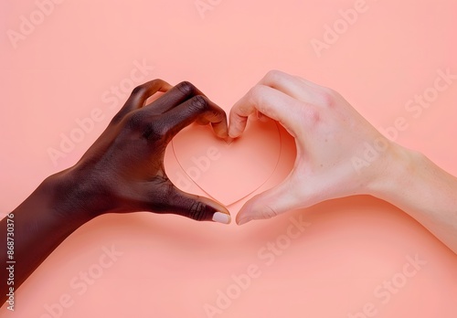 Hands of Different Races Forming Heart Shape on Pastel Background