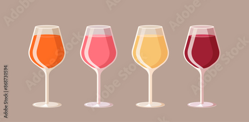 Set of full wine glasses. Vector illustration of alcohol drinks of different colors