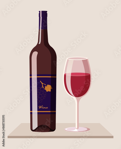 Bottle of red wine with wine glass. Vector illustration of alcohol drink