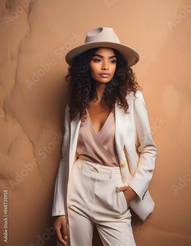 boho, latina, model, trägt, beige, anzug, business, cremefarben, creme, braun, atelier, solid, hintergrund, studio, aufnahme, photo, makro, großer., hut, hipster, business, posing, schönheit, neu, ad photo