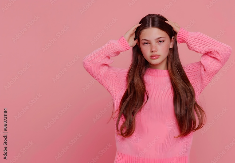 Young girl covering ears with hands on pink background Young girl covering ears with hands on pink background