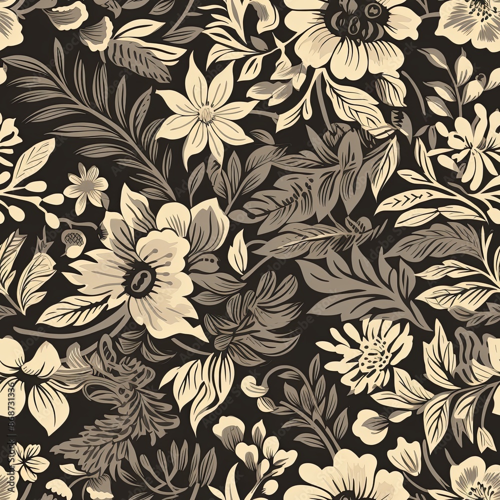 Abstract floral lino cuts of leaves and flowers designed in a random pattern Abstract floral lino cuts of leaves and flowers designed in a random pattern