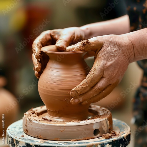 A potter’s hands skillfully shape clay on a spinning wheel, creating a handmade vase, capturing the artistry and craftsmanship of traditional pottery making.