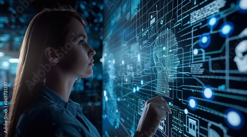 Wallpaper Mural AI cyber security concept. female IT specialist analysing artificial intelligence threats to consumer data and privacy leaks. Technology cyberspace software analyst. Torontodigital.ca