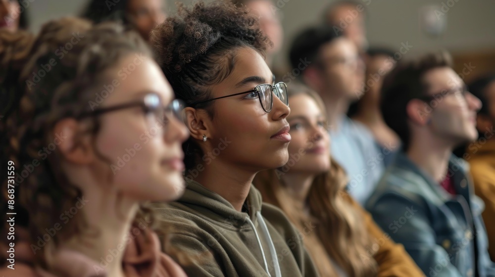 A diverse group of college students in a lecture hall listen attentively to a professor, showing focus and engagement with the material A diverse group of college students in a lecture hall listen attentively to a professor, showing focus and engagement with the material