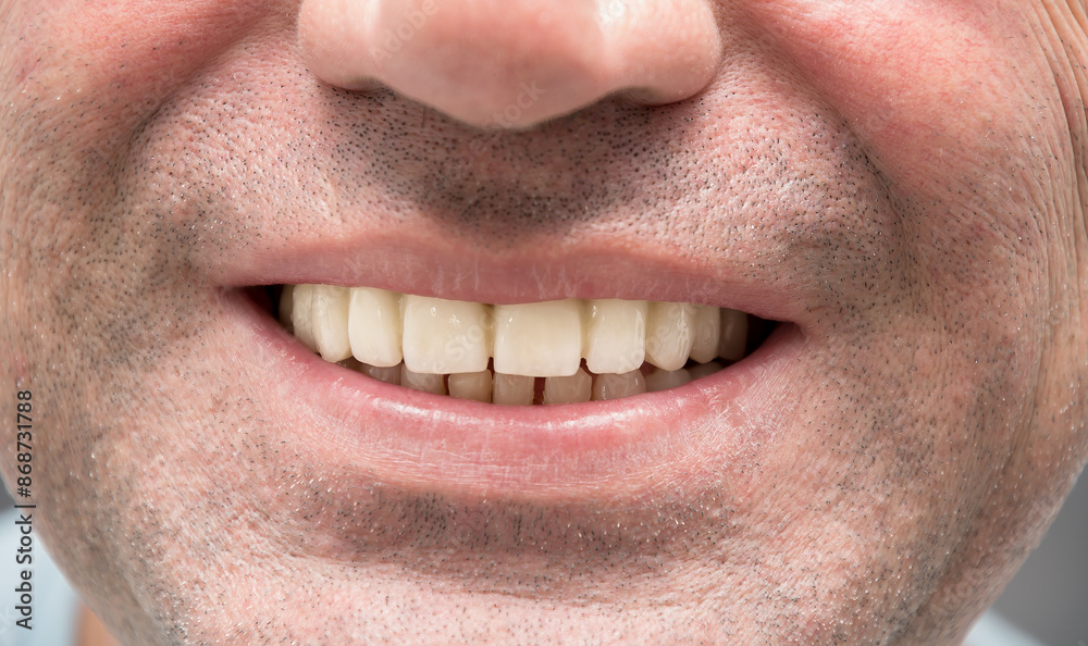 Obraz premium Real photograph of a man AFTER prosthetics of his upper teeth with telescopic dentures. A man in a doctor's office smiles with satisfaction and shows off his new teeth. Close-up.