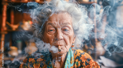 A close-up shot of an elderly woman with gray hair, exhaling a plume of smoke from her mouth. She is wearing a brightly colored blouse and is surrounded by a rustic, out-of-focus background